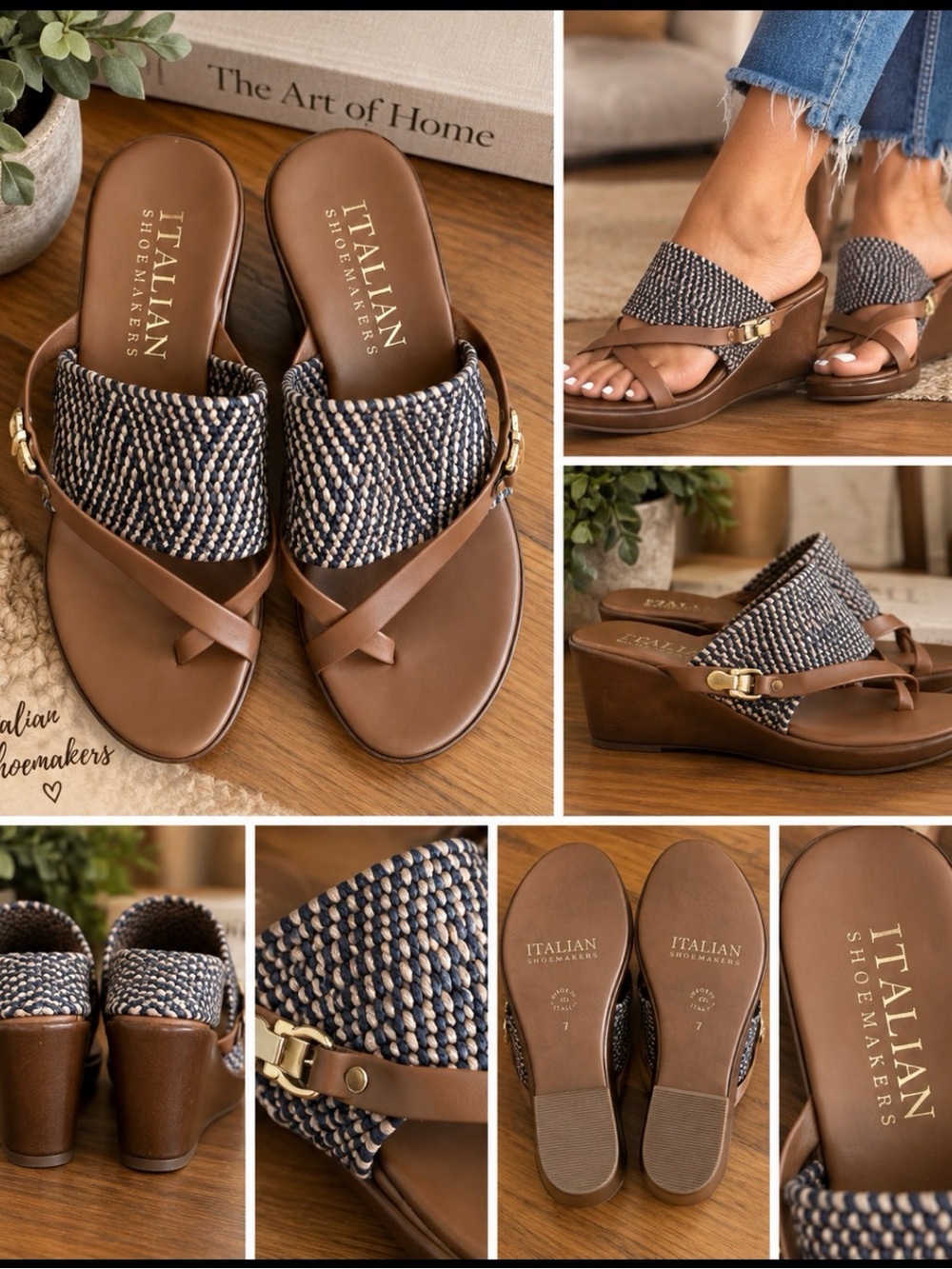 Italian Shoemakers Navy & Brown Woven Wedge Slide Sandals